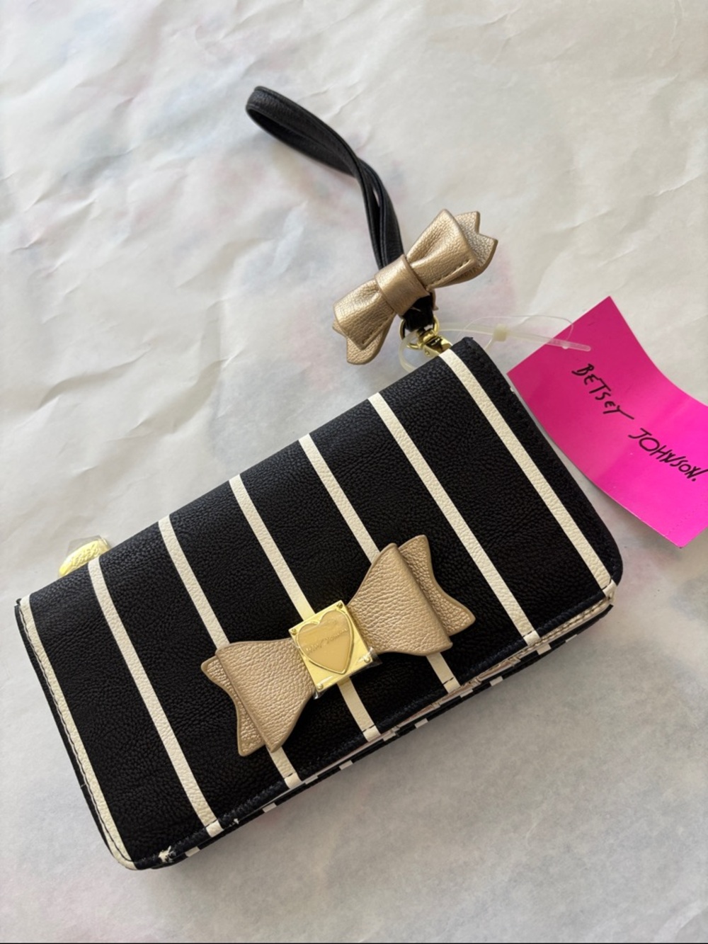 Betsey Johnson Black and cream Striped gold Bow Wristlet